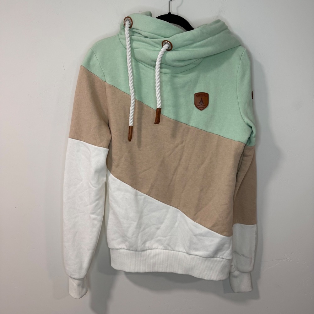 Wanakome Womens Selene Hoodie Sweatshirt Medium Green Tan White Good Colorblock